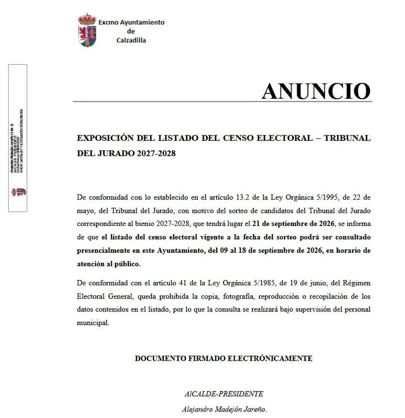 Calzadilla expone el censo electoral para las elecciones de 2027-2028