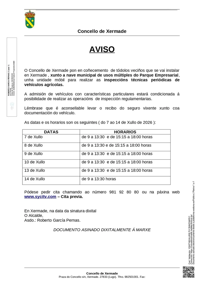Xermade acoge la ITV móvil para vehículos agrícolas del 7 al 14 de julio