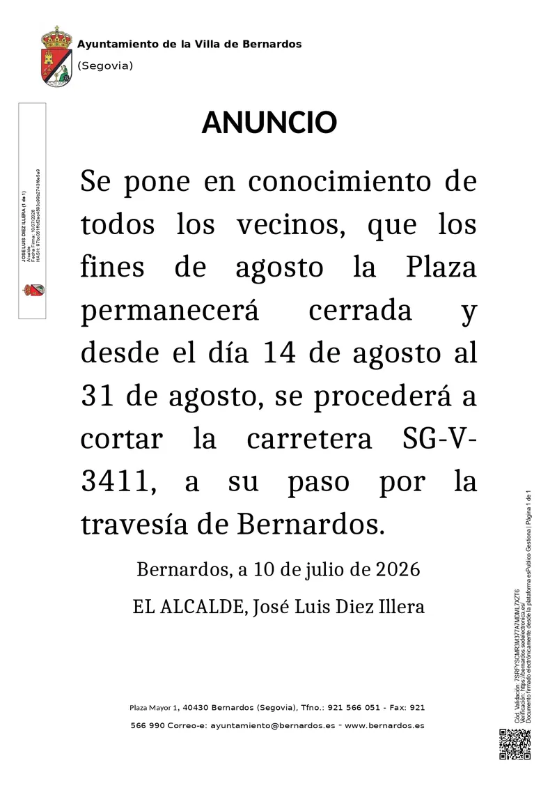 Bernardos: Corte de tráfico en la travesía del 14 al 31 de agosto por actividades