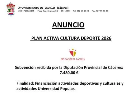 Cedillo recibe subvenciones para cultura, deporte y empleo en 2026
