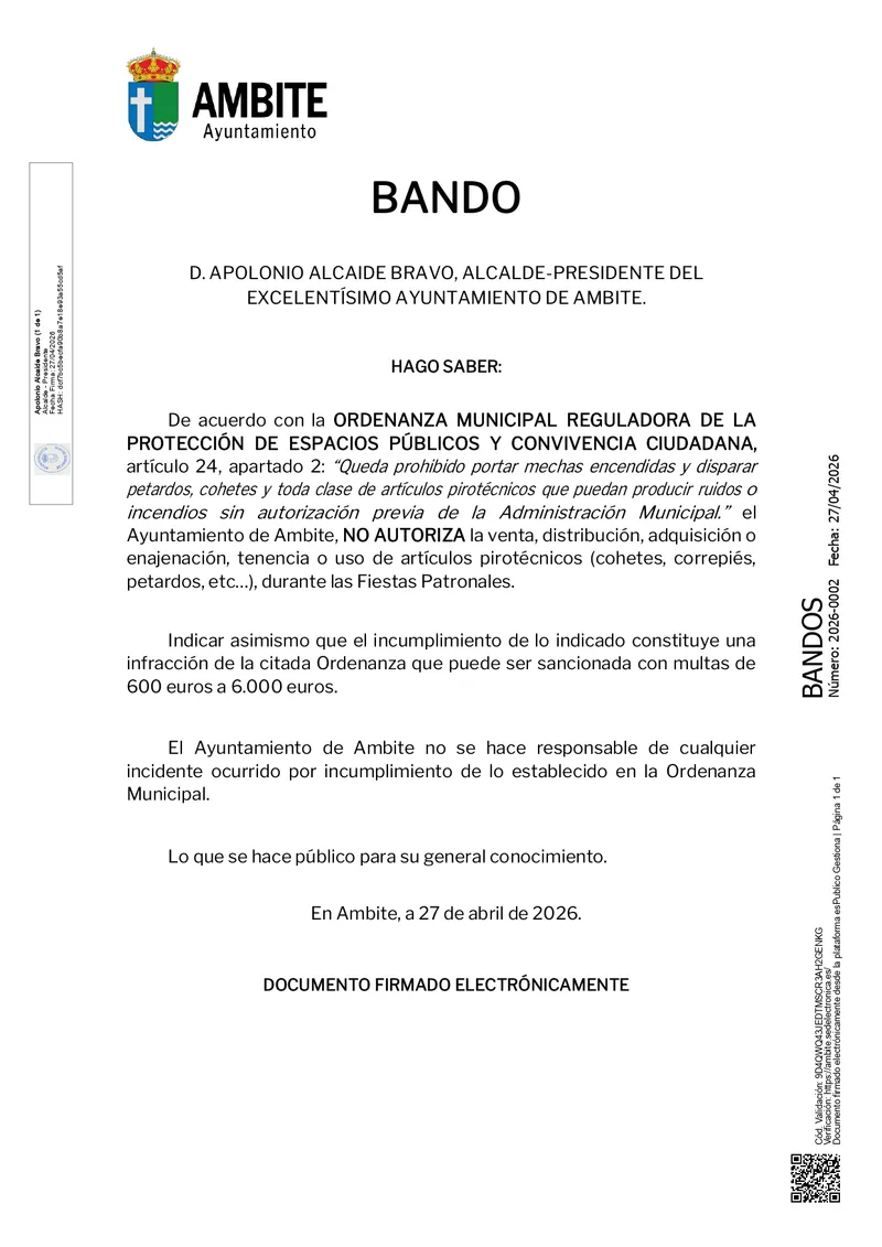 Ambite prohíbe los artículos pirotécnicos durante sus Fiestas Patronales