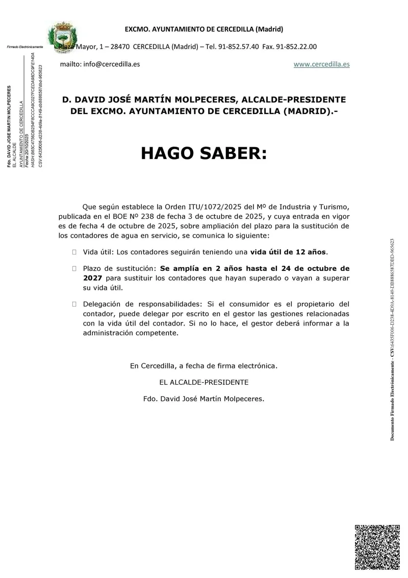 Cercedilla informa sobre la normativa del servicio de aguas y la dureza del suministro