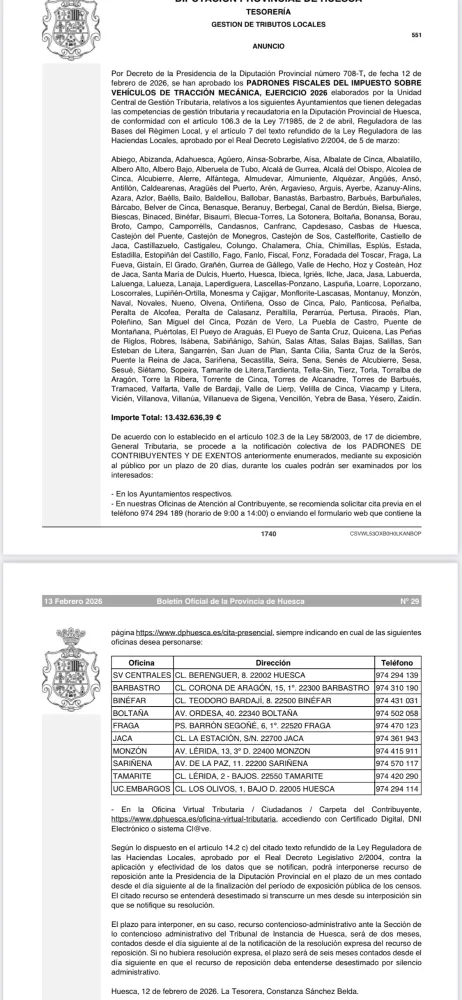 Binaced expone al público el padrón del Impuesto de Vehículos de Tracción Mecánica de 2026