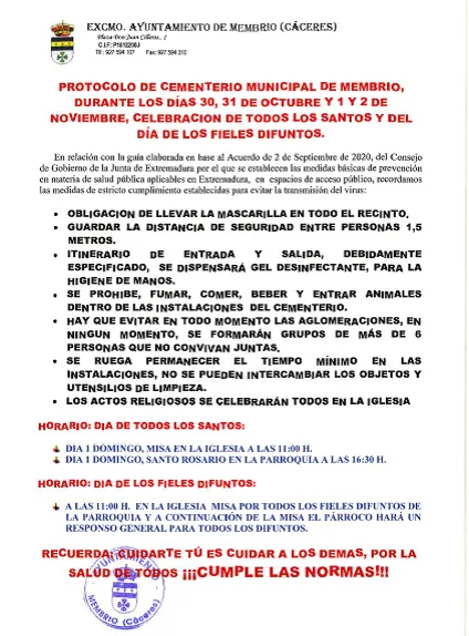 Membrío establece medidas especiales para la festividad de Todos los Santos