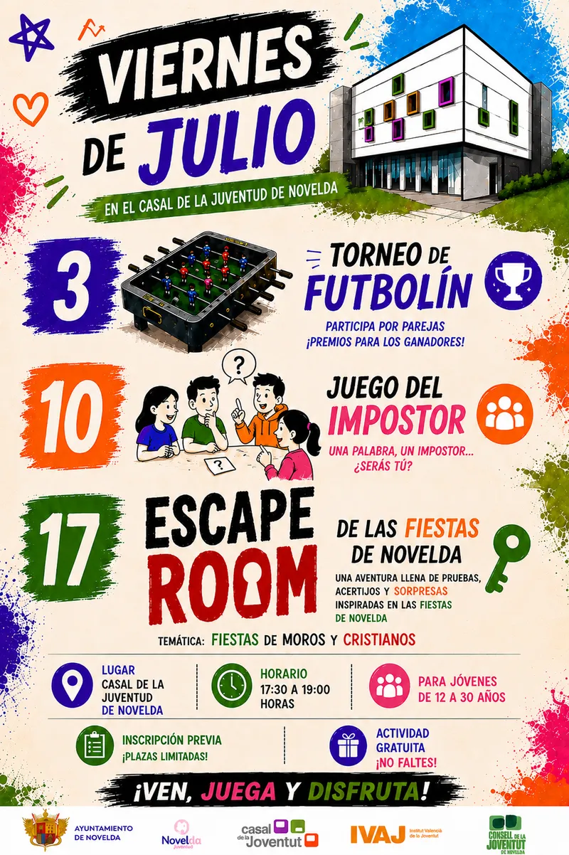 Novelda celebra los 'Viernes de Julio' con actividades juveniles gratuitas