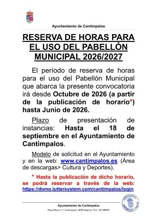 Cantimpalos abre el plazo para reservar el pabellón municipal para la temporada 2026/2027