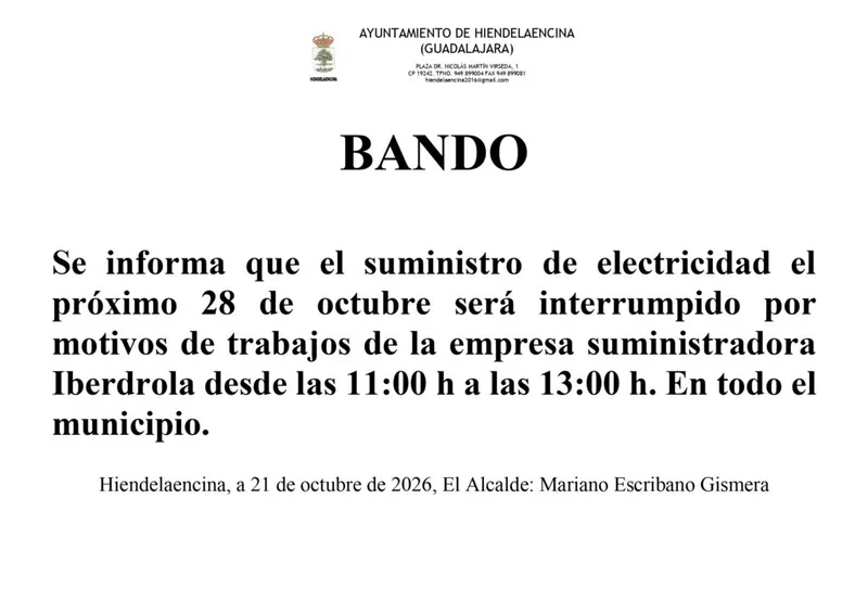 Corte de suministro eléctrico programado en Hiendelaencina el 28 de octubre