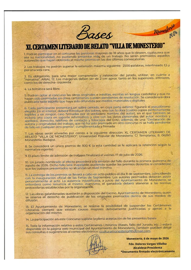 Monesterio convoca el XL Certamen literario de relato