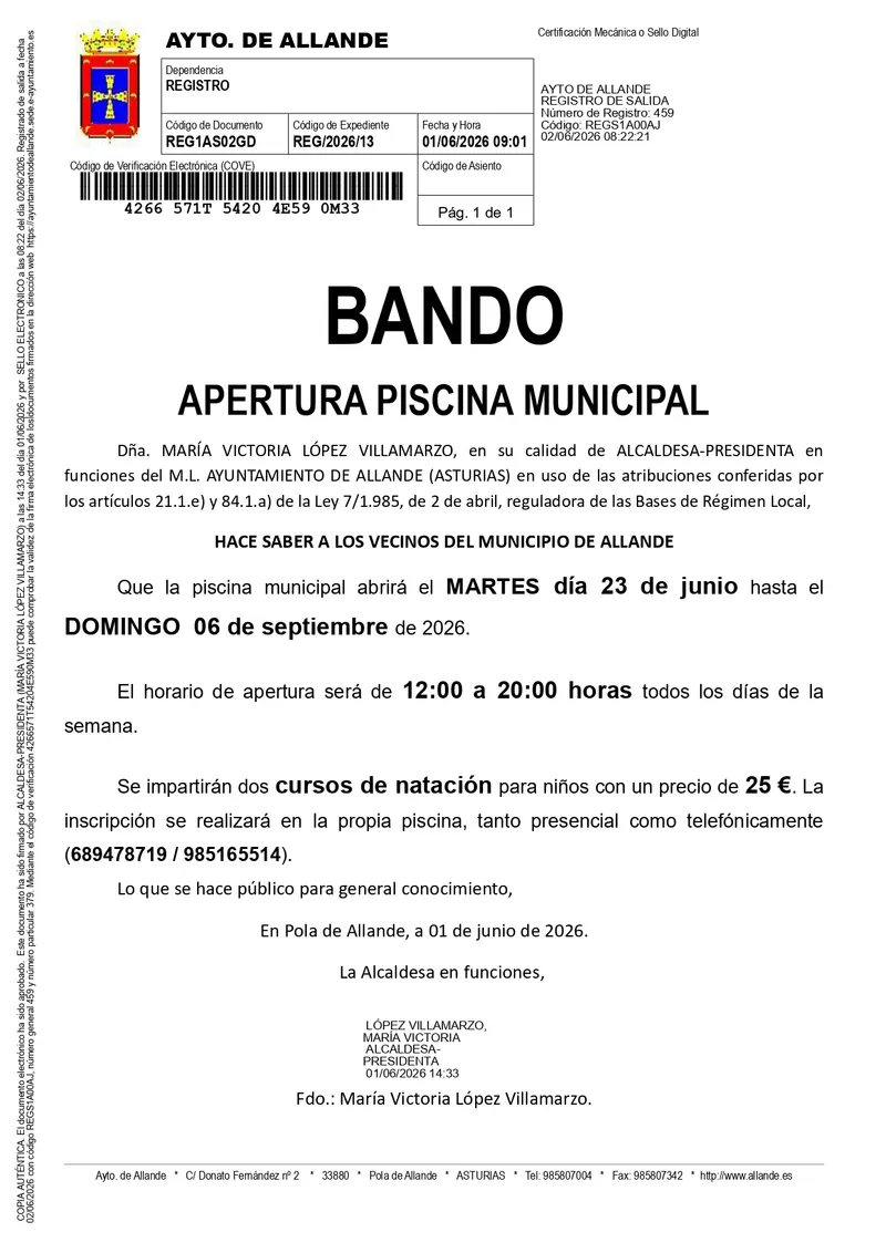 Allande abre sus piscinas municipales para la temporada de verano