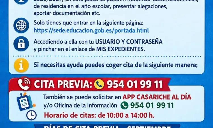 Casariche abre plazo para modificar y aportar documentación a la Beca MEC 2026/2027