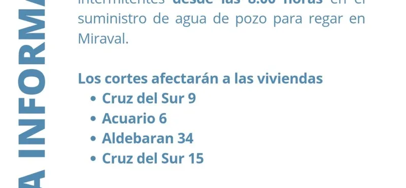 Valdeolmos-Alalpardo: Cortes de agua programados para el 15 de agosto en Miraval