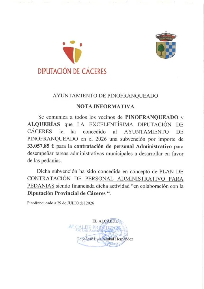 Diputación de Cáceres concede 33.000 euros al Ayuntamiento de Pinofranqueado para personal administrativo en pedanías
