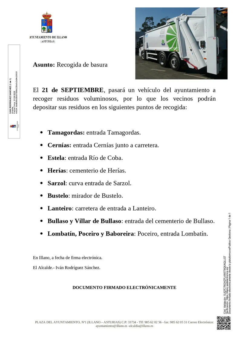 Illano organiza la recogida de enseres voluminosos el 21 de septiembre