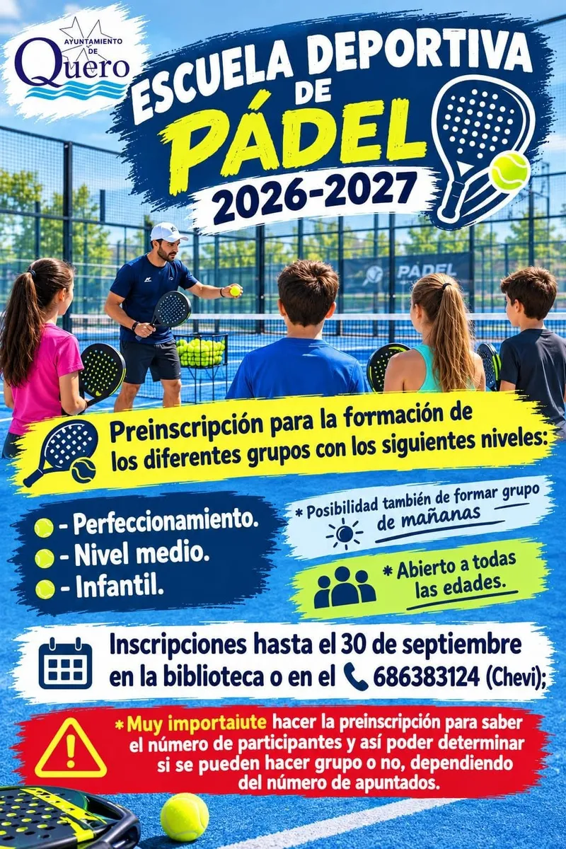 Quero abre preinscripción para la escuela deportiva de pádel 2026-2027