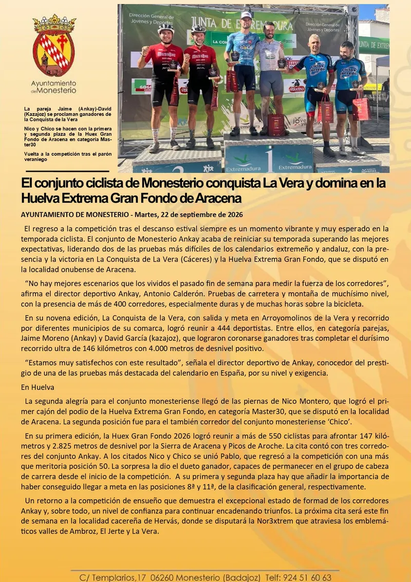 El equipo ciclista de Monesterio triunfa en La Vera y en la Huelva Extrema Gran Fondo