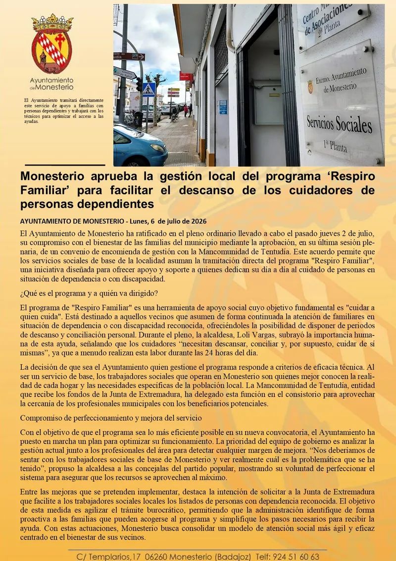 Monesterio impulsa el programa 'Respiro Familiar' para apoyar a cuidadores de dependientes