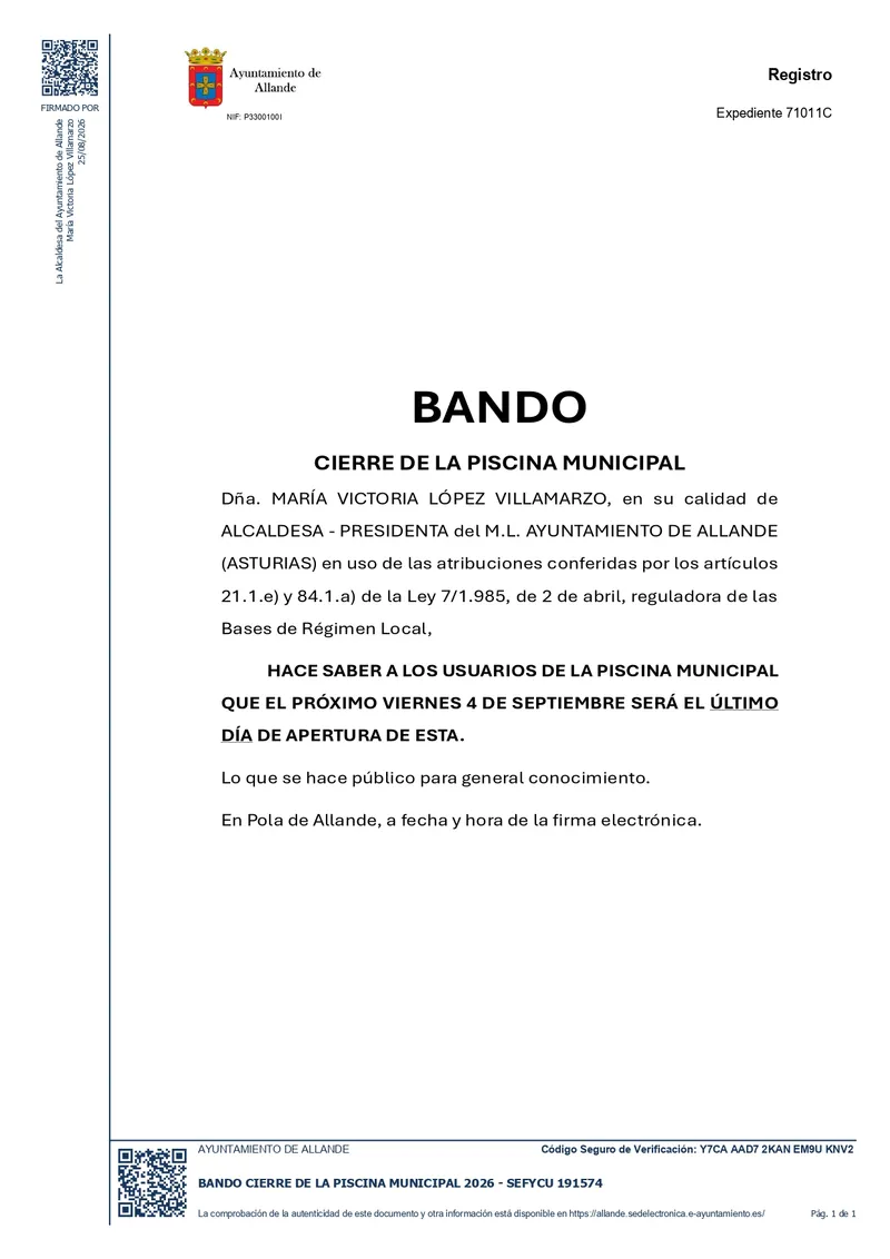 Cierra la piscina municipal de Allande por obras de mejora