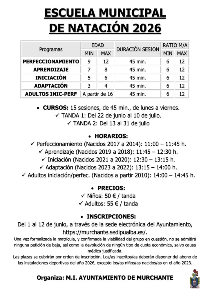 Murchante abre inscripciones para la Escuela Municipal de Natación 2026
