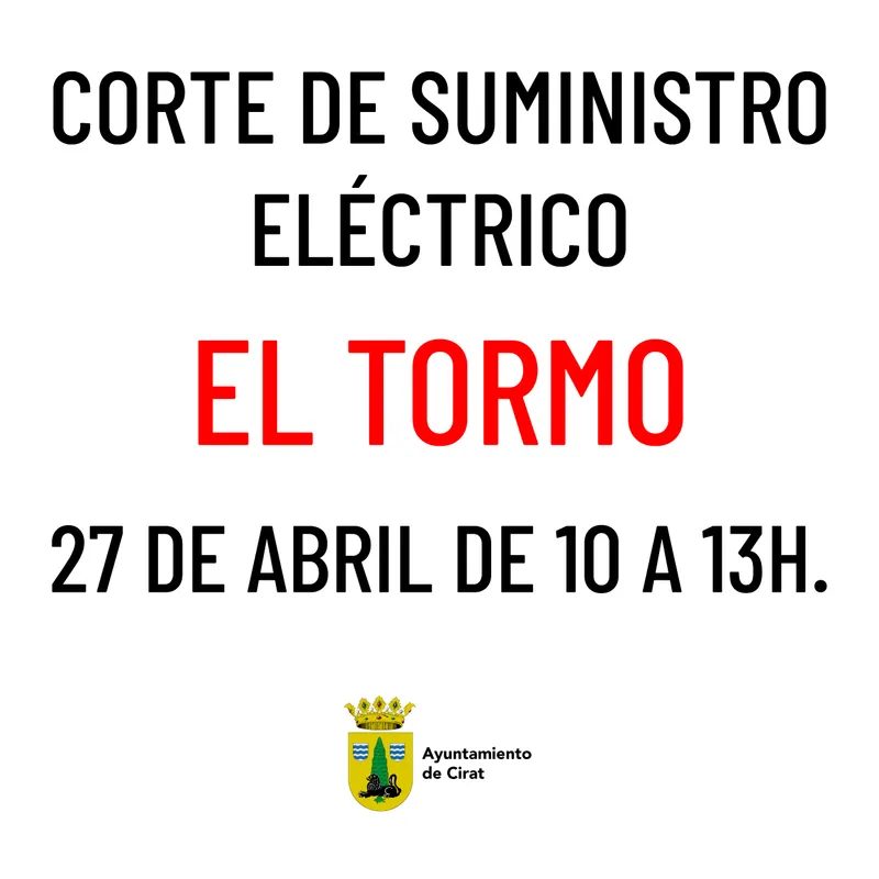 Cortes de suministro eléctrico programados en El Tormo el 27 de abril