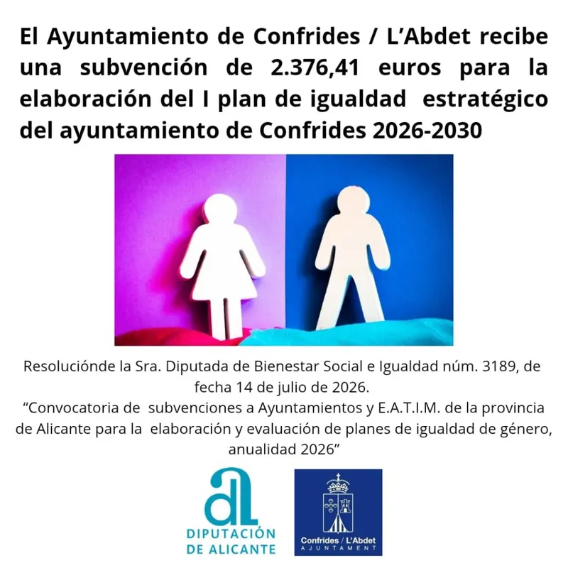 Confrides recibe 2.376 € de la Diputación de Alicante para su primer Plan de Igualdad Estratégico