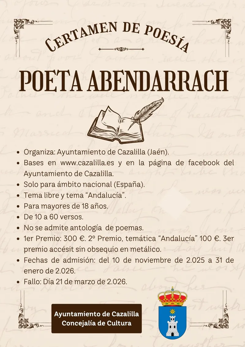 Cazalilla convoca el VIII Certamen de Poesía Poeta Abendarrach con premios en metálico