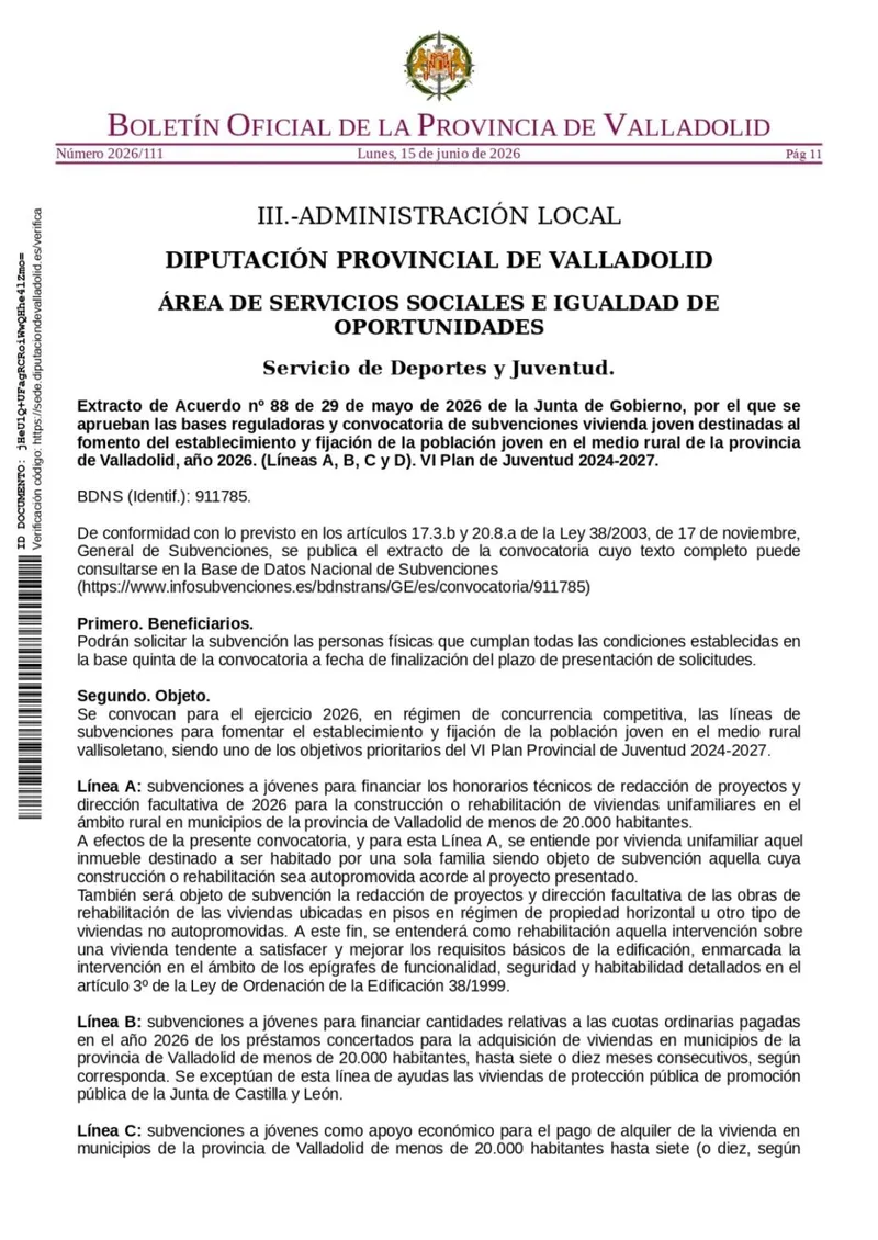 Diputación de Valladolid abre convocatoria de ayudas para vivienda joven en el medio rural