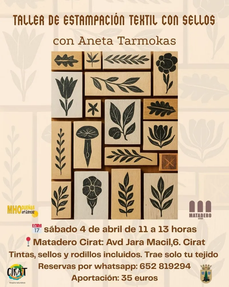 Taller de estampación textil con sellos botánicos en Cirat