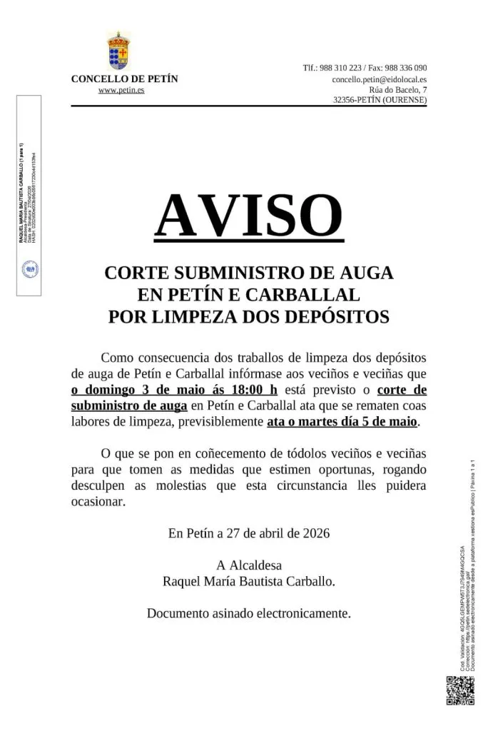 Corte de suministro de agua en Petín y Carballal por limpieza de depósitos