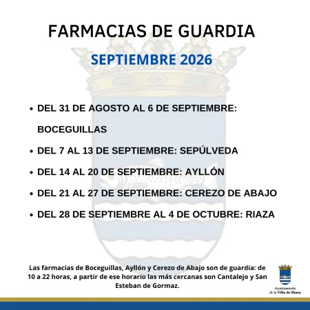 Farmacias de guardia en Riaza para el mes de septiembre de 2026