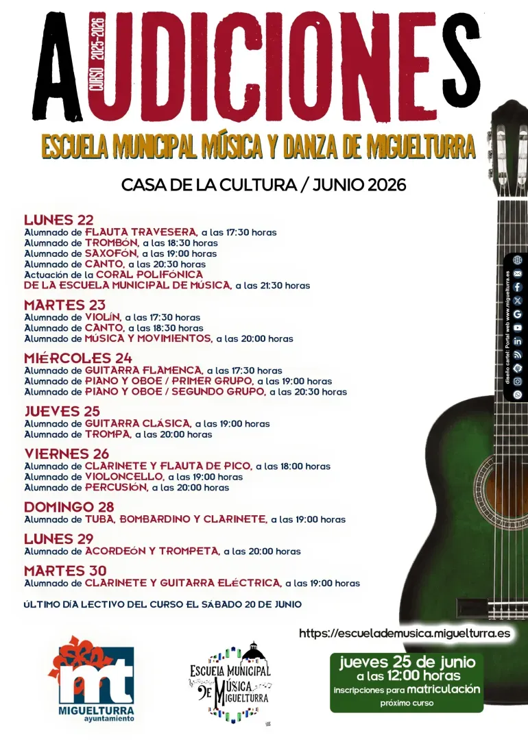 La Escuela de Música de Miguelturra celebra sus audiciones de fin de curso en junio de 2026
