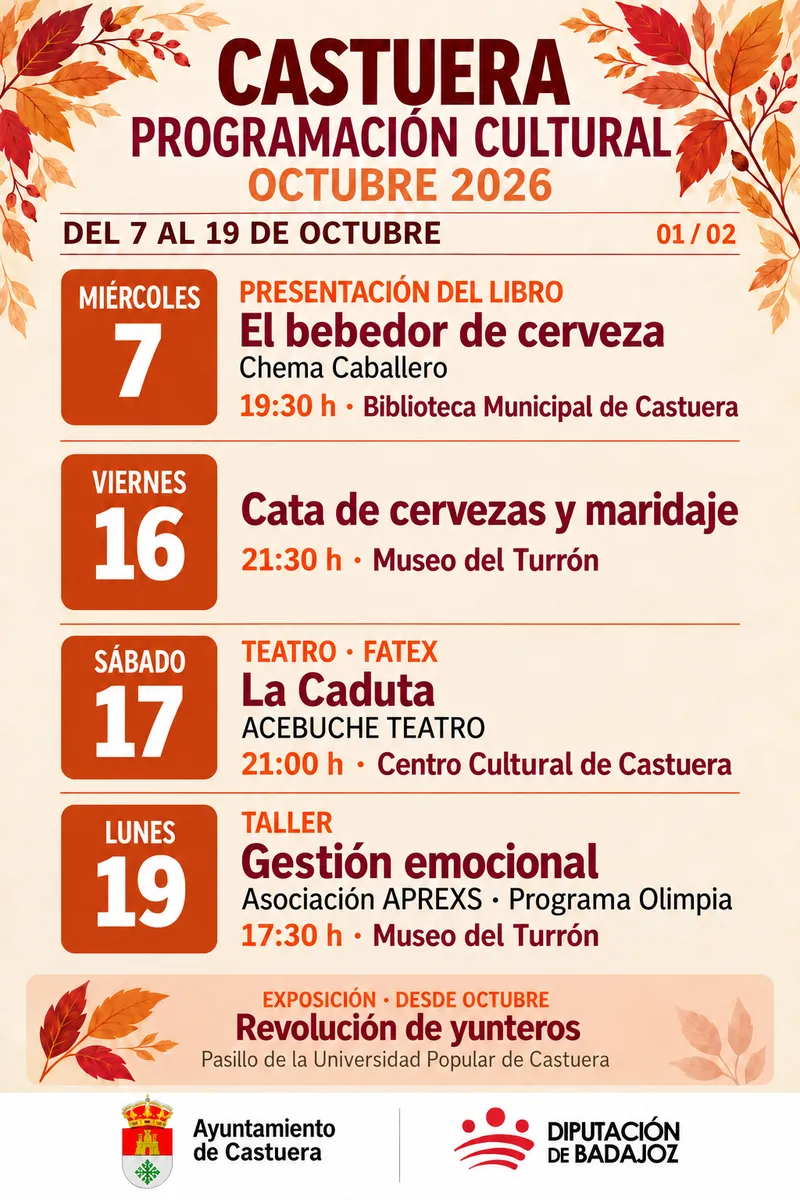 Castuera presenta su agenda cultural para octubre con teatro, música y exposiciones