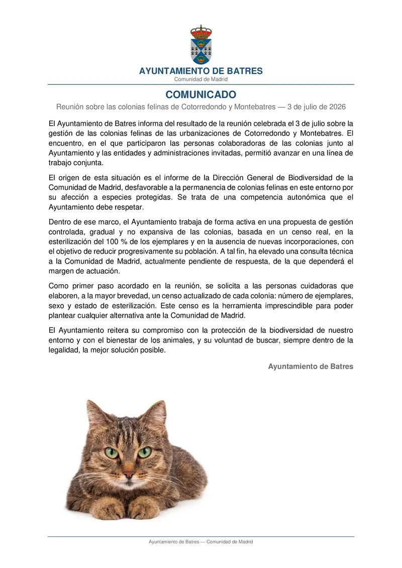 Batres actualiza el censo de colonias felinas para su gestión ante la Comunidad de Madrid