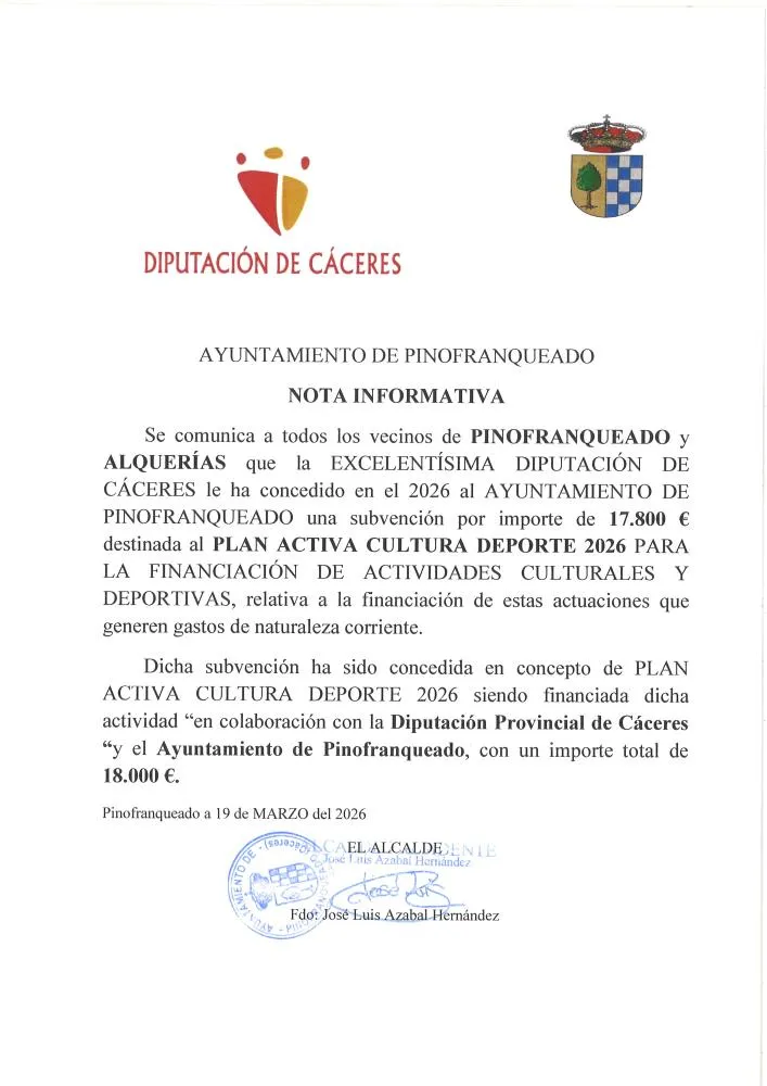 Diputación de Cáceres concede 17.800€ a Pinofranqueado para cultura y deporte