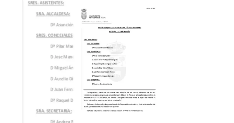 Peguerinos publica el acta del pleno extraordinario del 1 de diciembre de 2025