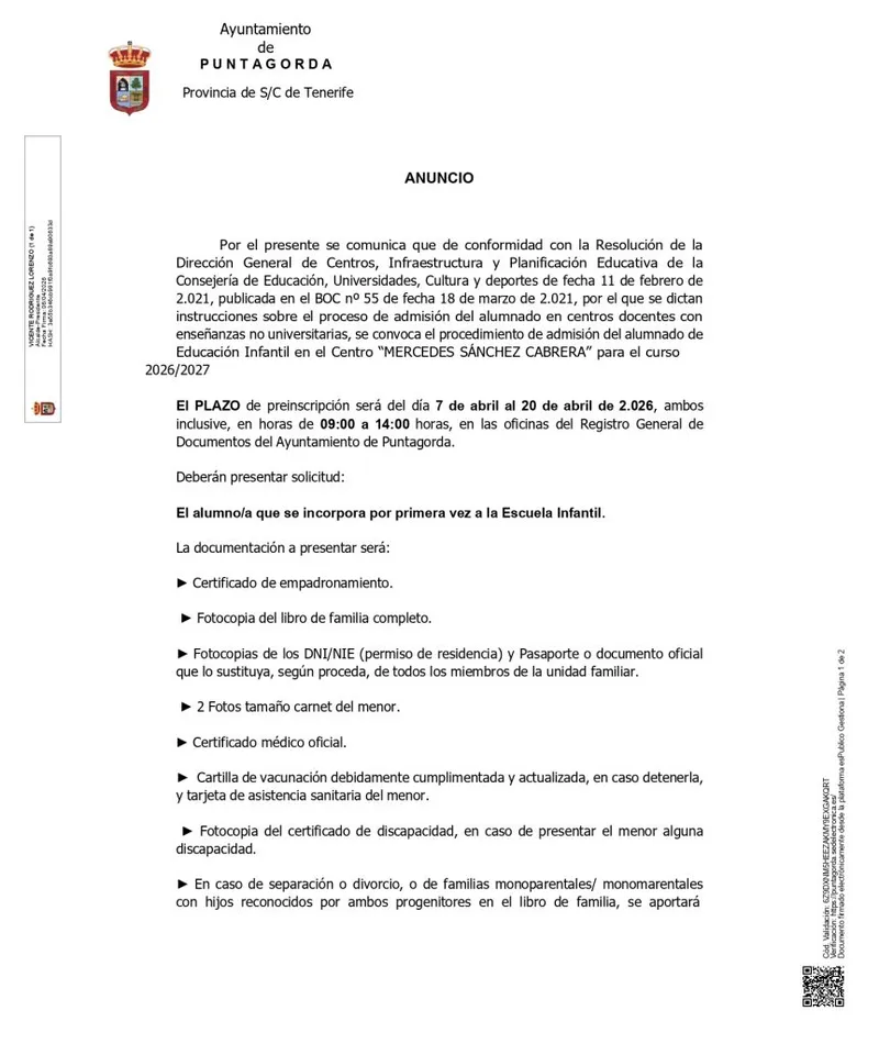 Puntagorda abre el plazo de matriculación para la Escuela Infantil Mercedes Sánchez Cabrera