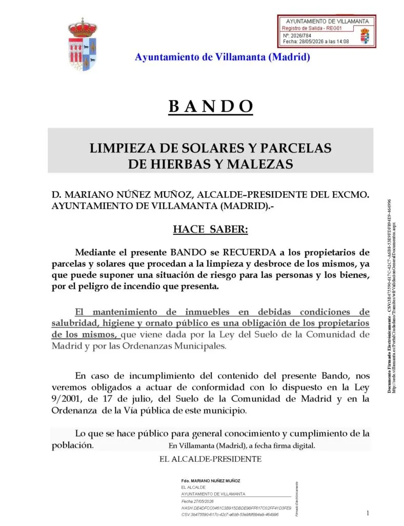Villamanta inicia la campaña de limpieza de solares y parcelas para prevenir incendios