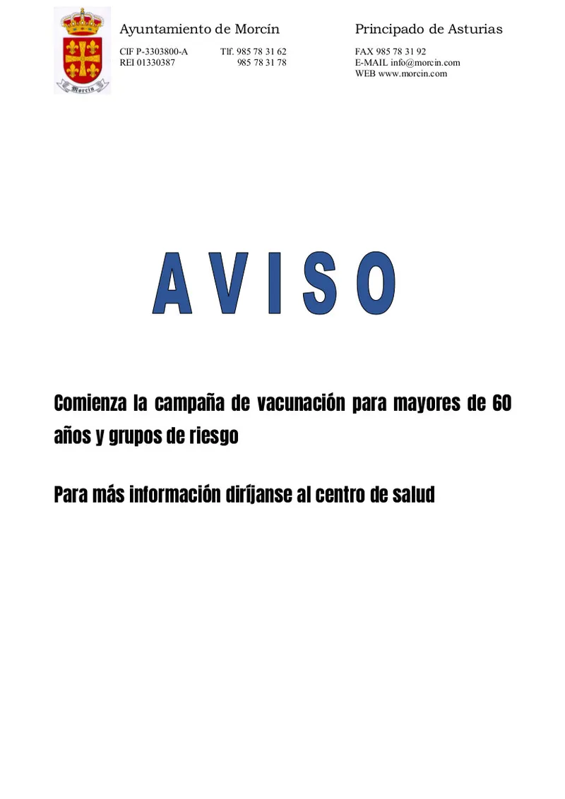 Morcín inicia la campaña de vacunación para mayores de 60 y grupos de riesgo