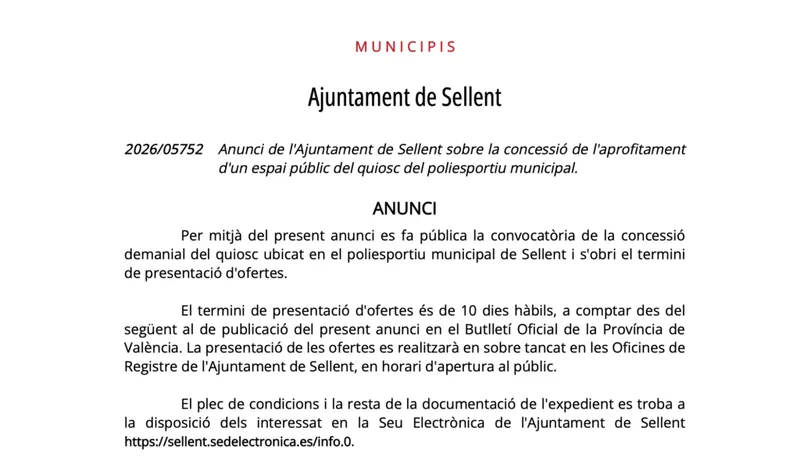 Sellent abre el plazo para licitar el quiosco del polideportivo