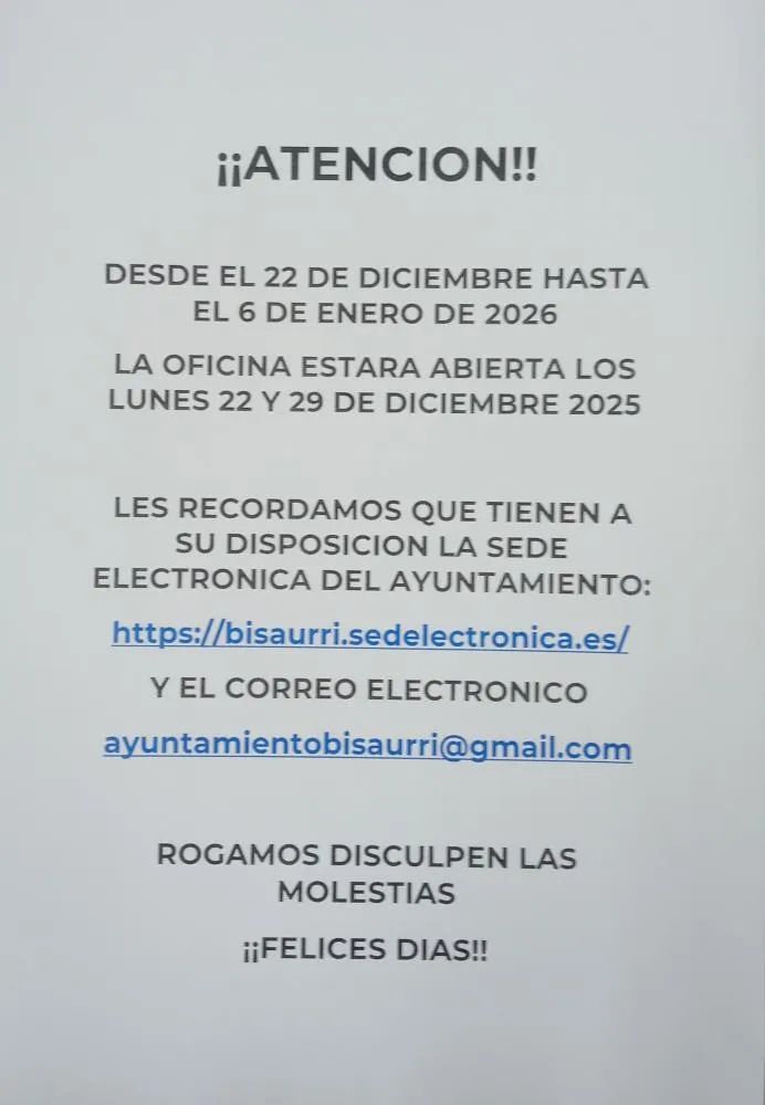 Horario especial de la oficina municipal de Bisaurri durante las Navidades