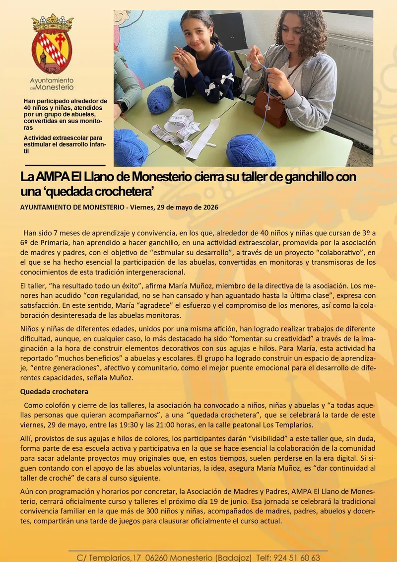La AMPA El Llano de Monesterio clausura su taller de ganchillo con un encuentro creativo