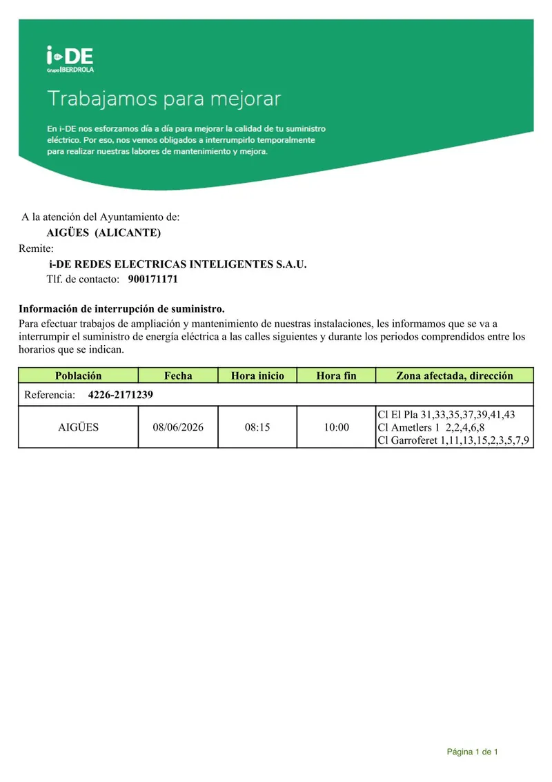 Aigües: Corte programado de suministro eléctrico el 8 de junio