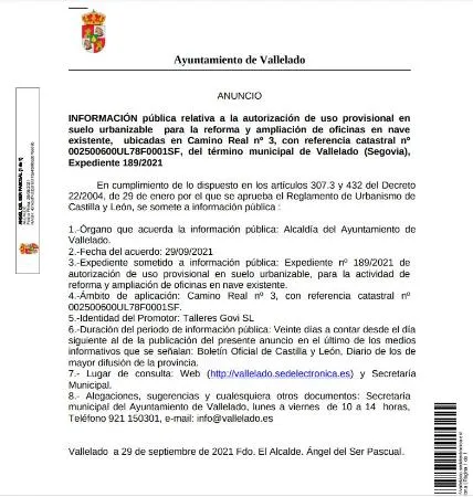 Vallelado abre información pública para reforma de oficinas en Camino Real