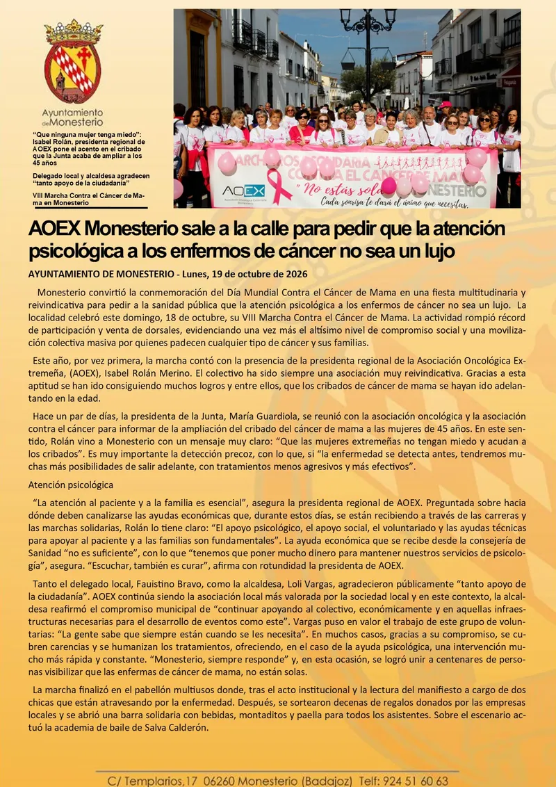 AOEX Monesterio reclama atención psicológica para enfermos de cáncer