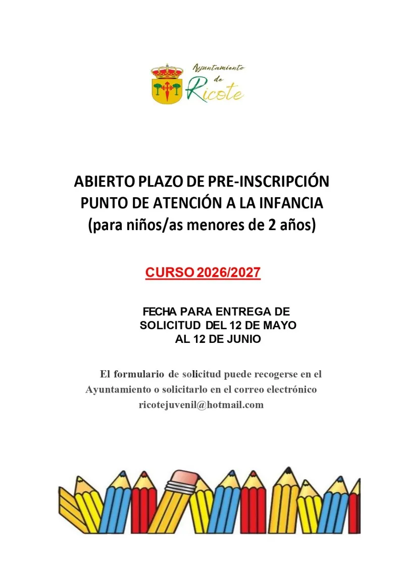 Ricote abre preinscripción para el Programa de Atención Infantil (PAI) del curso 2026-2027