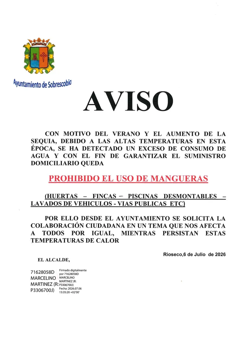 Prohibido el uso de mangueras en Sobrescobio ante la sequía estival