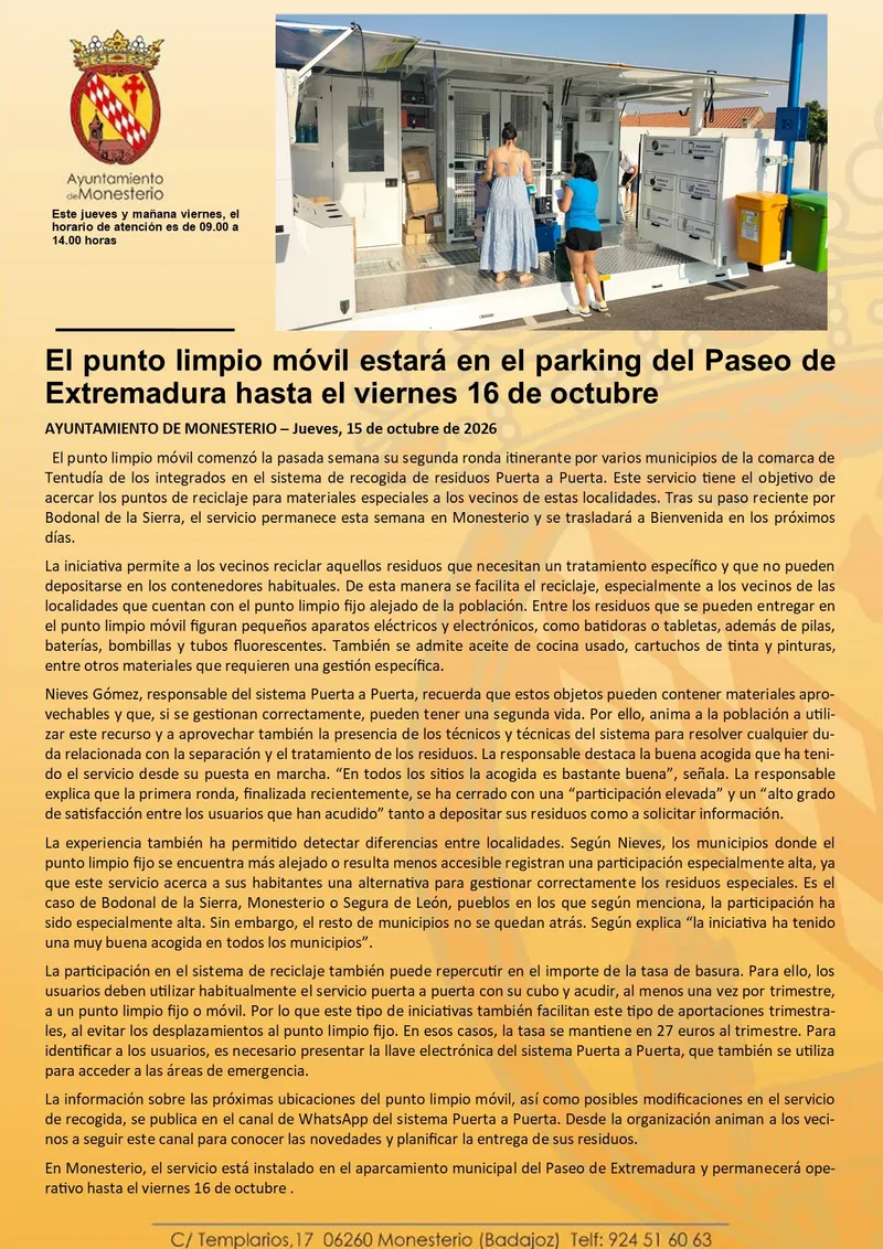El punto limpio móvil de Monesterio amplía su servicio hasta el viernes 16 de octubre