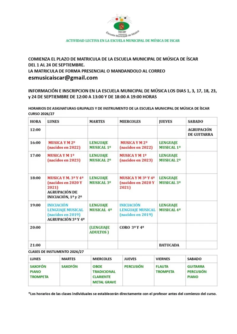 Abierto el plazo de matrícula en la Escuela Municipal de Música de Íscar para el curso 2026/2027
