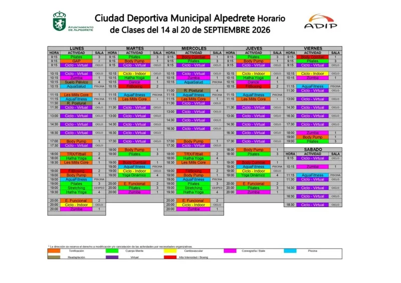 Horarios de la Ciudad Deportiva Municipal de Alpedrete del 14 al 20 de septiembre