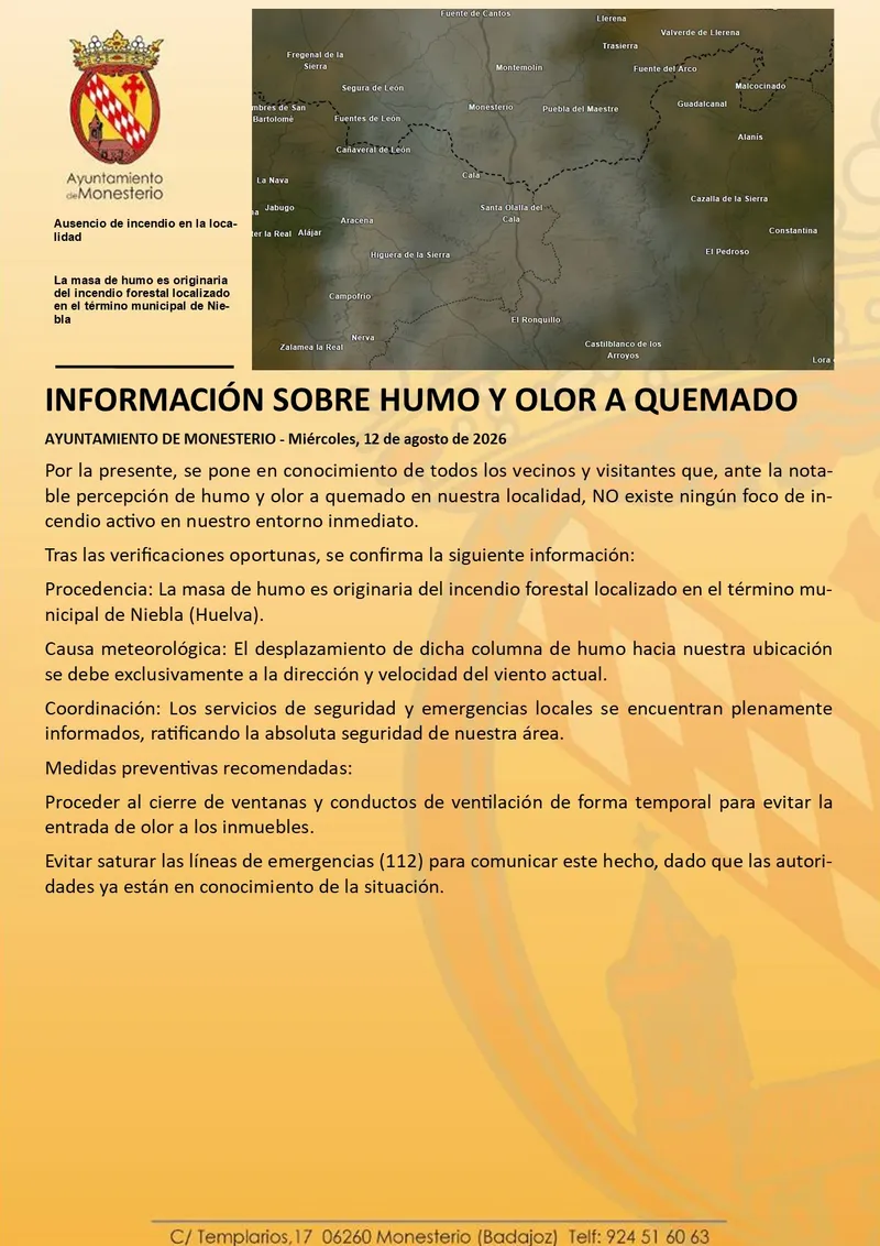 Alerta en Monesterio por humo y olor a quemado: activado protocolo de seguridad