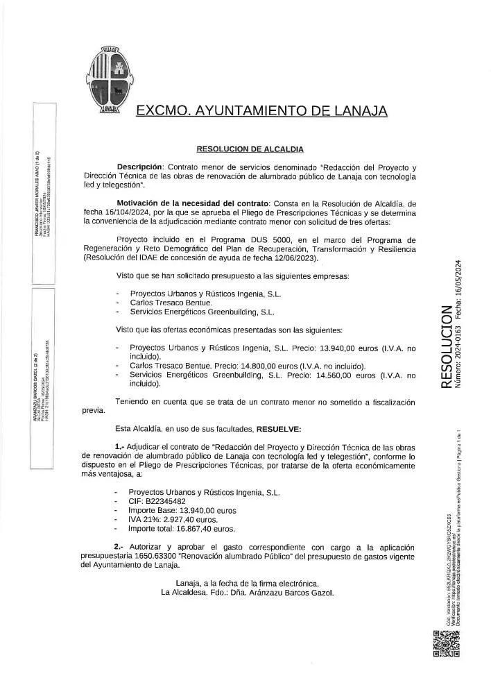 Lanaja adjudica la renovación del alumbrado público a tecnología LED